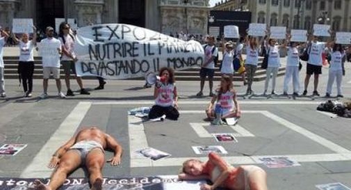 Flash mob in Duomo contro Expo, attivisti nudi e sporchi di sangue