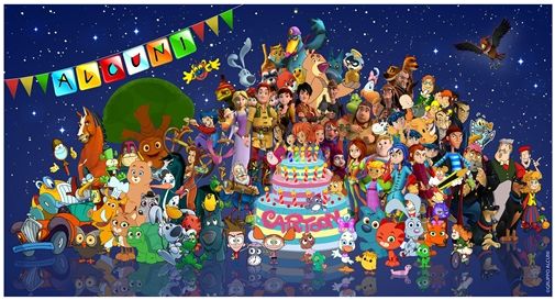 La torta di compleanno circondata da 100 characters prodotti da Gruppo Alcuni